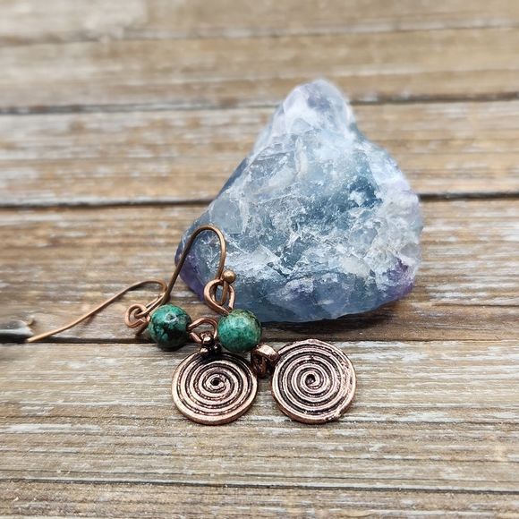 Persephone's Daughter Jewelry - African Turquoise and Copper Spiral Drop Earrings